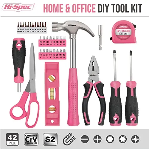 42pc Pink Household DIY Small Tool Kit. Complete Starter Basic Tools Kit for Home and Office