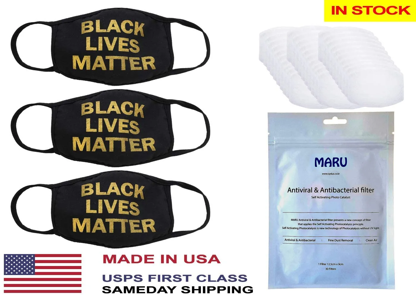 Amba7 Black Lives Matter Reusable Breathable Cloth Face Mask MADE IN USA  - Machine Washable, Non-Surgical Double Layer Anti-Dust Protection, Unisex - For Home, Office, Camping-3 Pack With Filters (30 PCS) In Stock