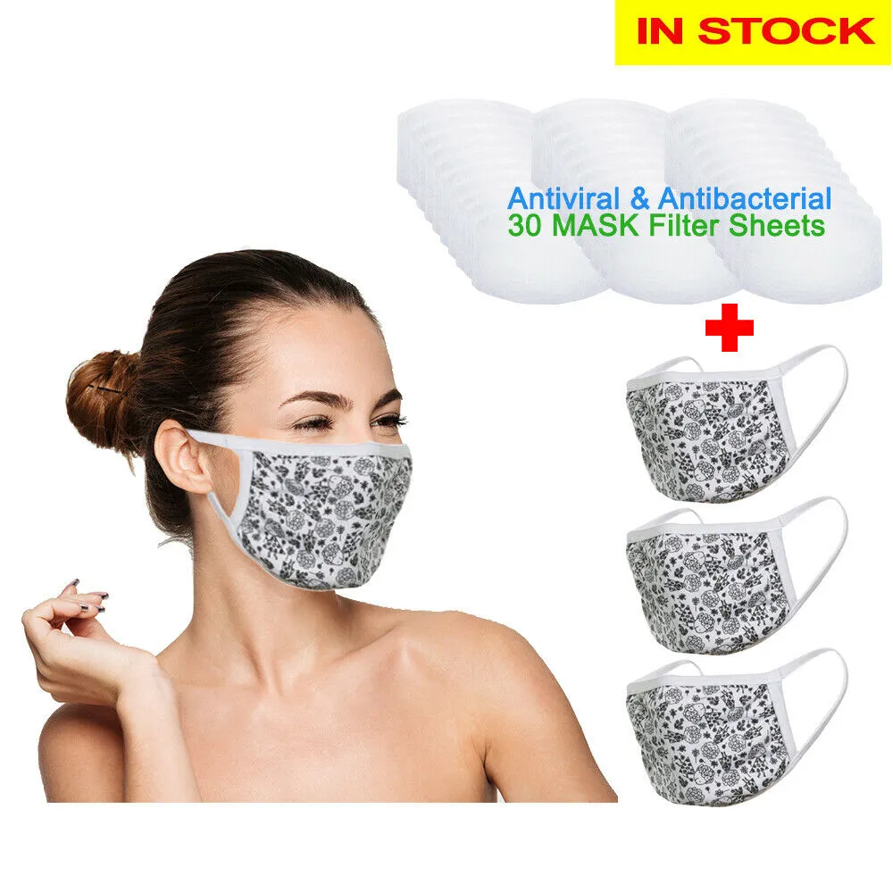 Amba7 Reusable Breathable Cloth Face Mask - Machine Washable, Non-Surgical Double Layer Anti-Dust Protection, Unisex - For Home, Office, Travel, Camping or Cycling (Flower Design 3-Pack With Filters (30 PCS)) In Stock