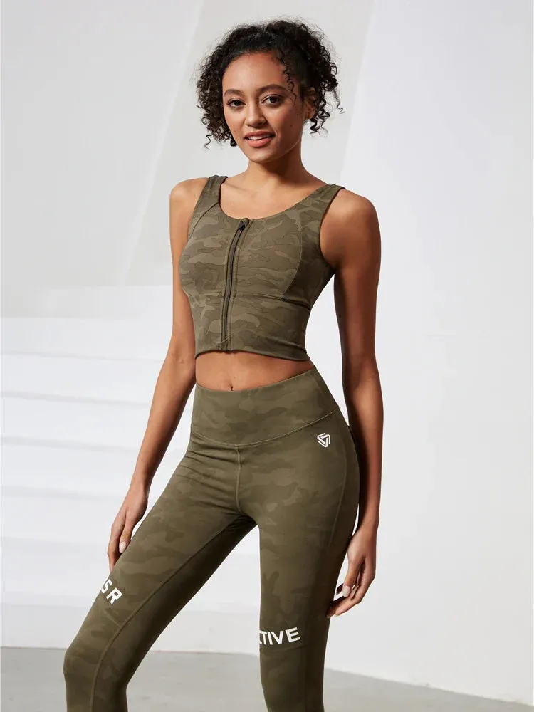 Camo Top Push Up Zip Front Close Padded Sports Bra for Women