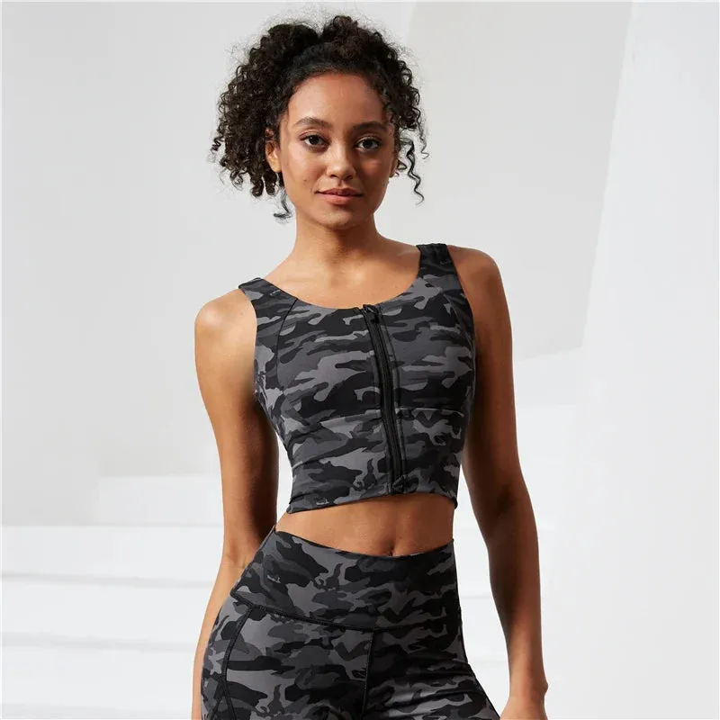 Camo Top Push Up Zip Front Close Padded Sports Bra for Women