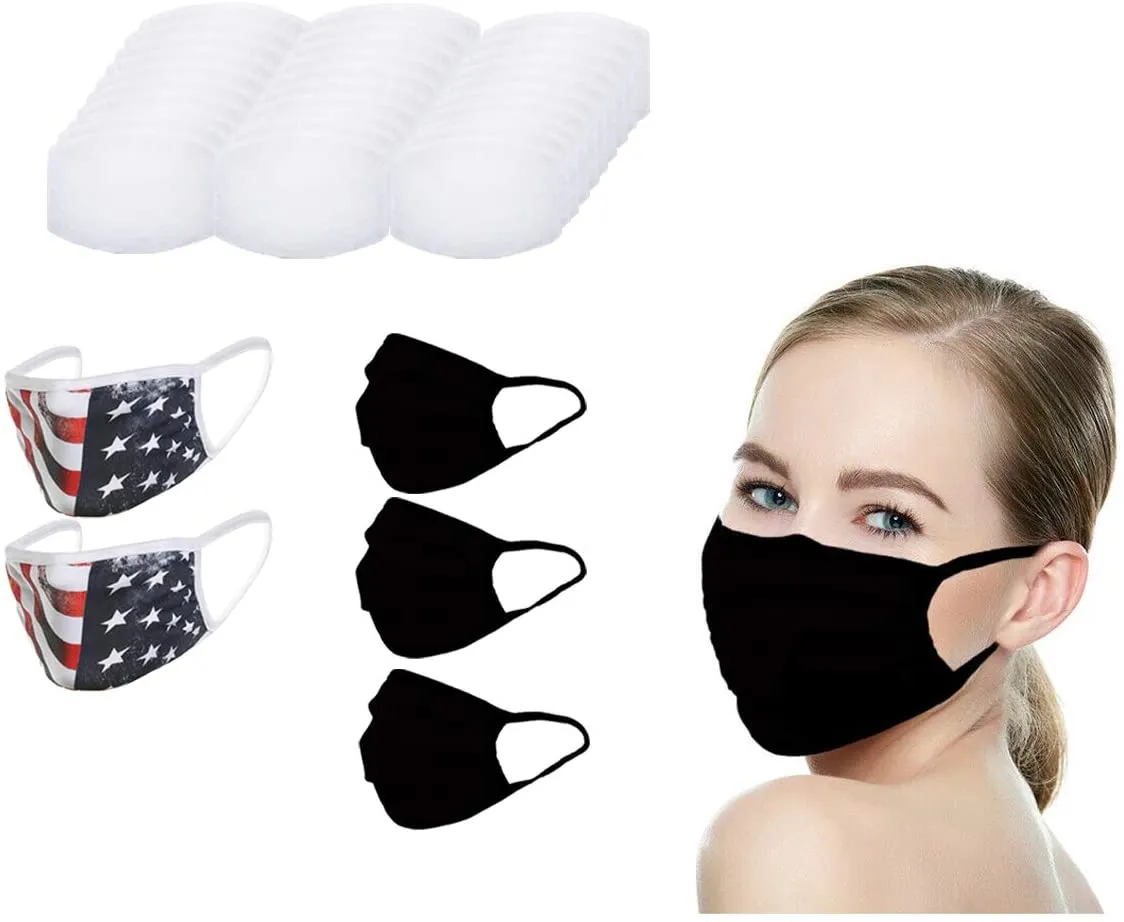 (IN STOCK) 3 Black (MADE IN USA), 2 US Flag (Made in Guatemala), Washable Reusable Anti-dust Cloth Face Mask Protection Double Layer Covering - 5 Pack With Filters (30 PCS)