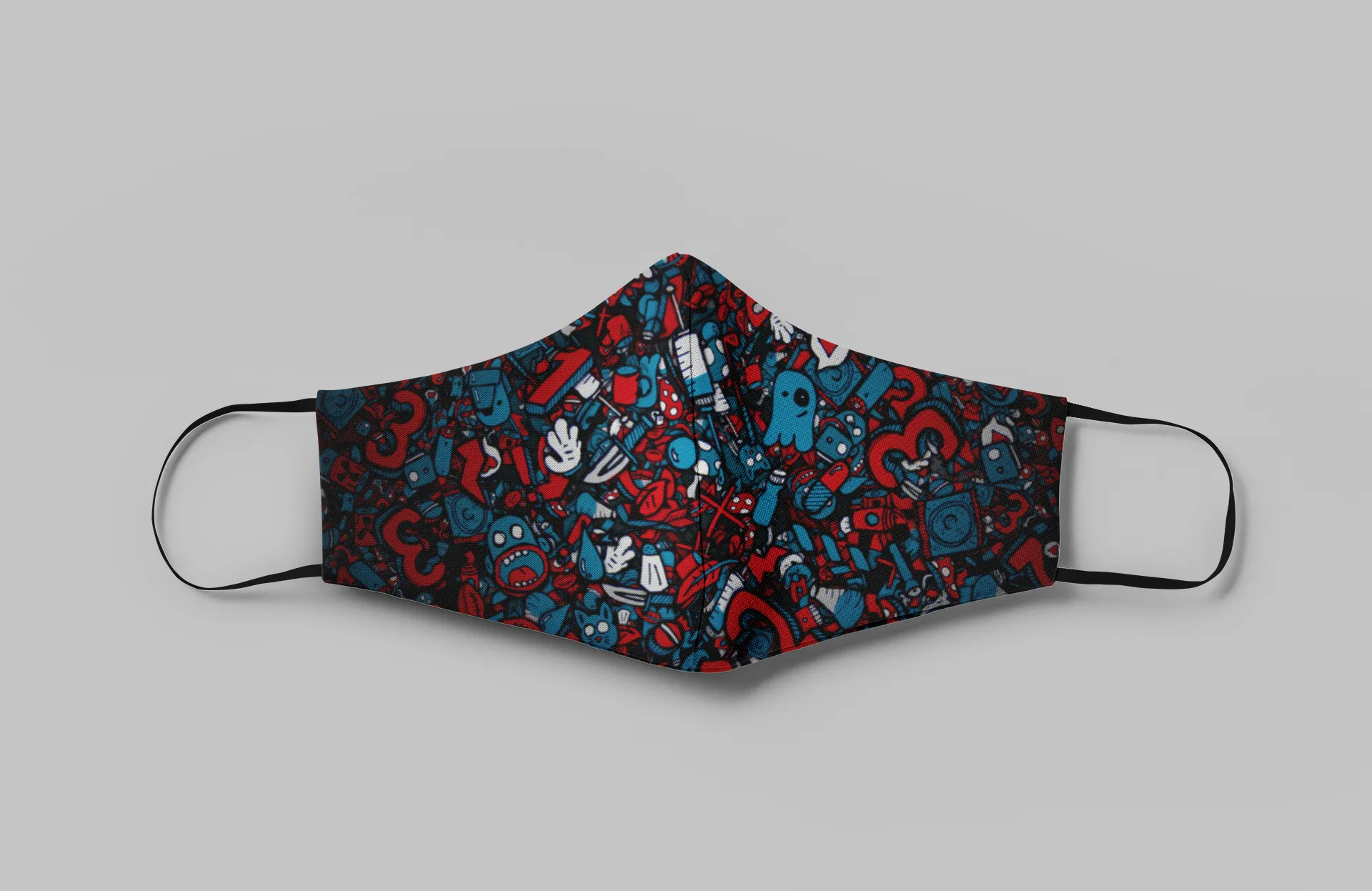 "Blue & Red Boo Doodle Patterns"- Printed Tetra Shield Protection Unisex Mask