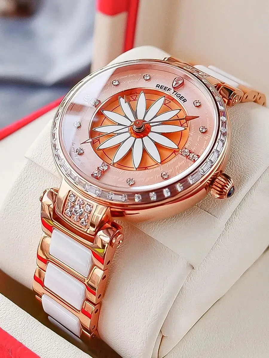 Reef Tiger/RT Luxury Lily Women Watch Rose Gold Diamonds Bezel Top Brand Bracelet Clocks Relogio Feminino RGA1599