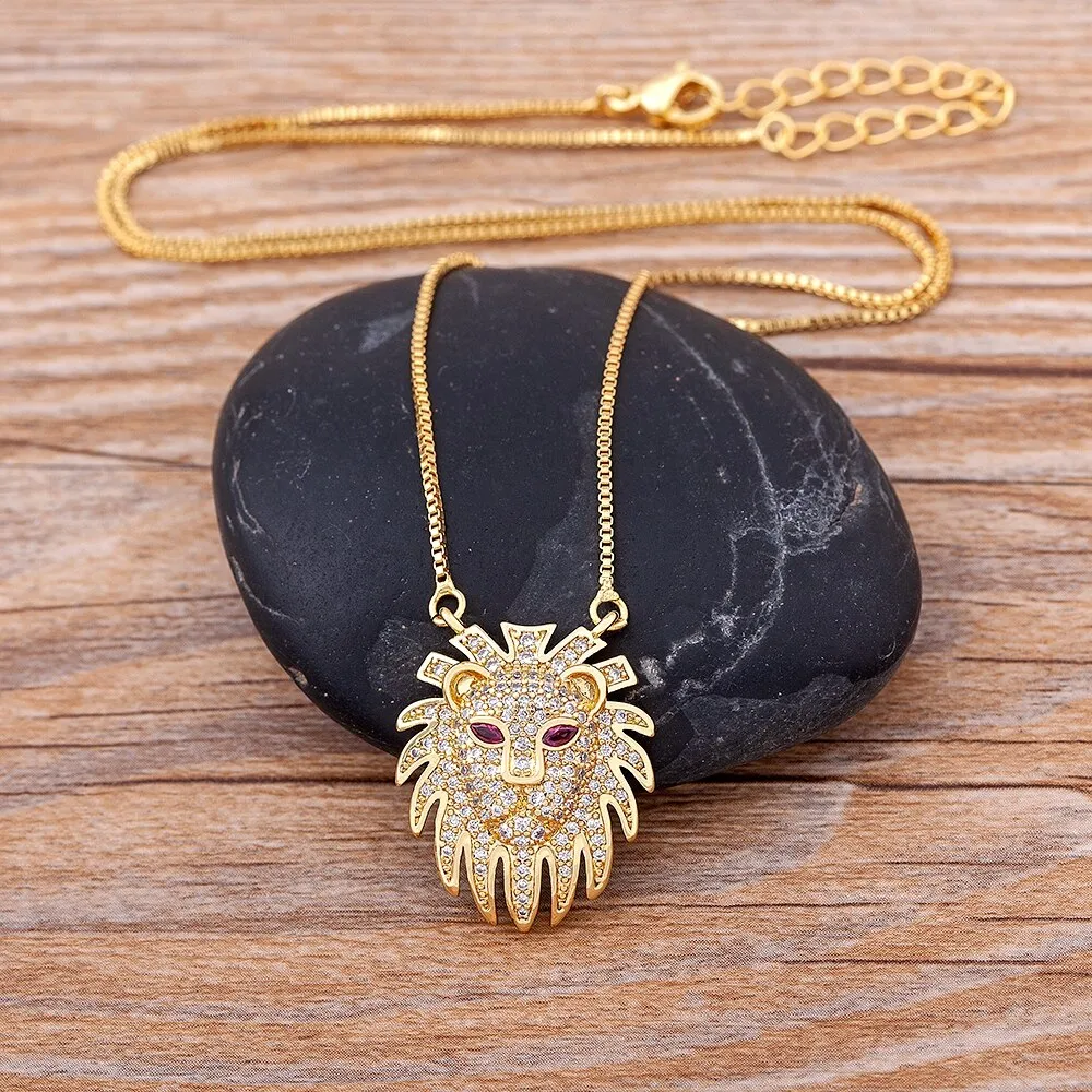 Unique Lion Mask Gold Crystal Necklace