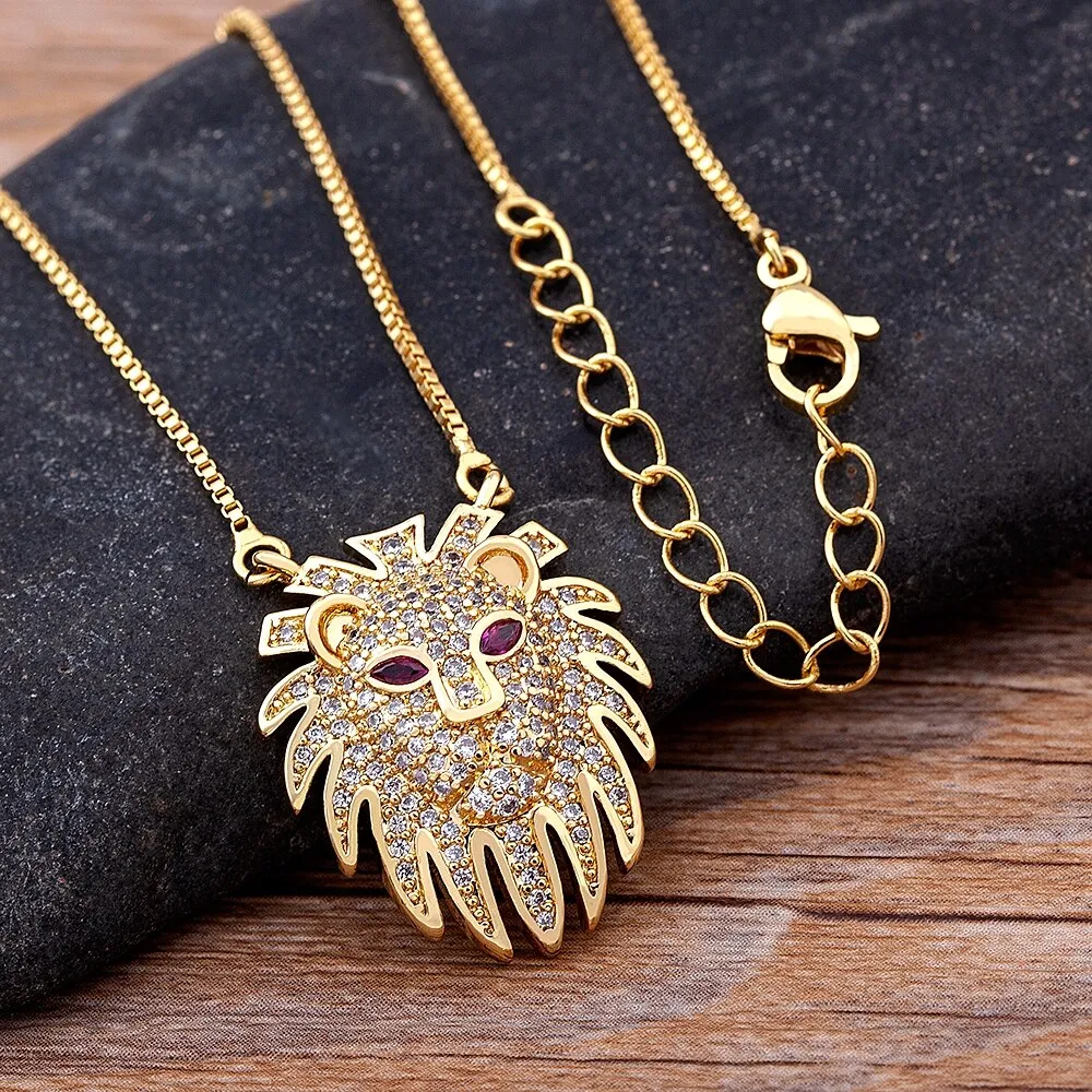 Unique Lion Mask Gold Crystal Necklace