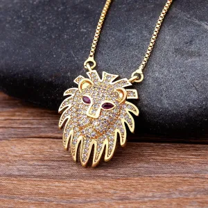 Unique Lion Mask Gold Crystal Necklace